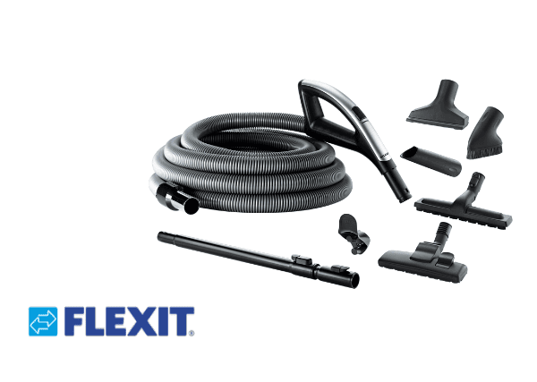 Flexit støvsugerutstyr med ulike dyser og slanger for innemiljø rengjøring.