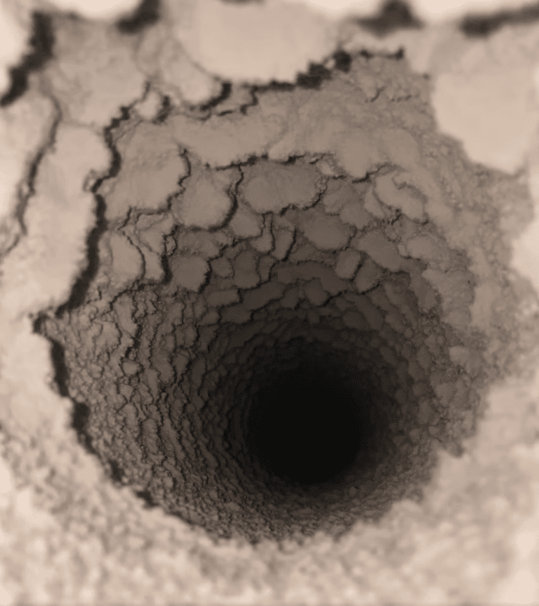 Skitten ventilasjonsrør med opphopning av støv og smuss.