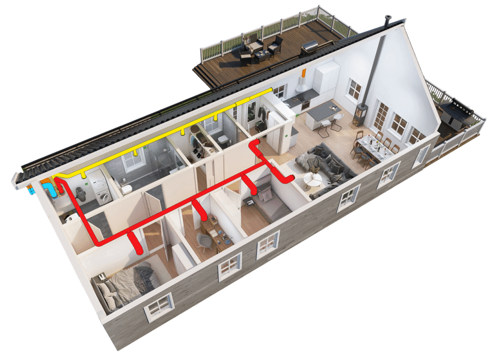 Effektiv boligventilasjon med balansert luftutveksling og ventilasjonssystem.